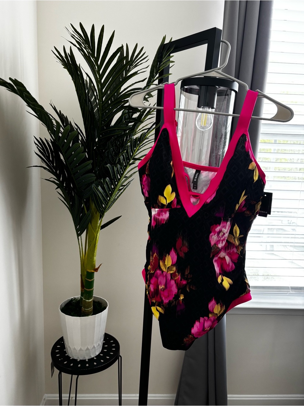 Torrid Black Floral V-Neck Swinsuit with Hot Pink Trim